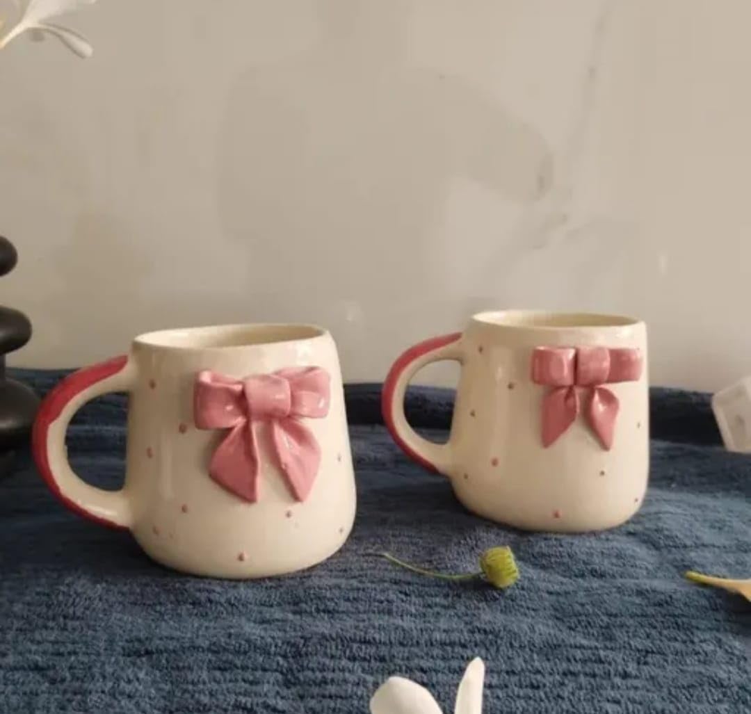 THE INDIAN HOME Cute Pink Bow Ceramic Mug for Coffee Tea Milk | 3D Bow Design Gift Mug for Girls Women Kids | Premium Glazed Polka Dot Finish (1)