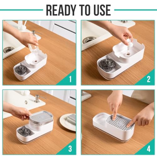 Xmart India 3-in-1 Kitchen Soap Dispenser with Sponge Holder & Hollow Tray Scratch Wire Dish Cloth for Sink & Wash Basin Durable Rustproof Plastic Dish Soap Dispenser Kitchen Accessories for Home