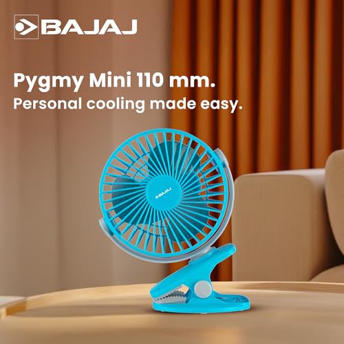 Bajaj Pygmy Mini Fan 110MM | USB Charging | Multi-Clip Function | Rechargeable | 4-Hr Back-up | Silent Operation | Longer Battery Life | Energy Efficient | Portable 【Blue】