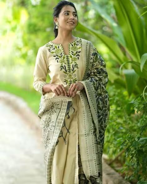 Fabyuti Women's Cotton Handloom Embroidered Kurta with Pant & Dupatta Set-GREEN_2XL