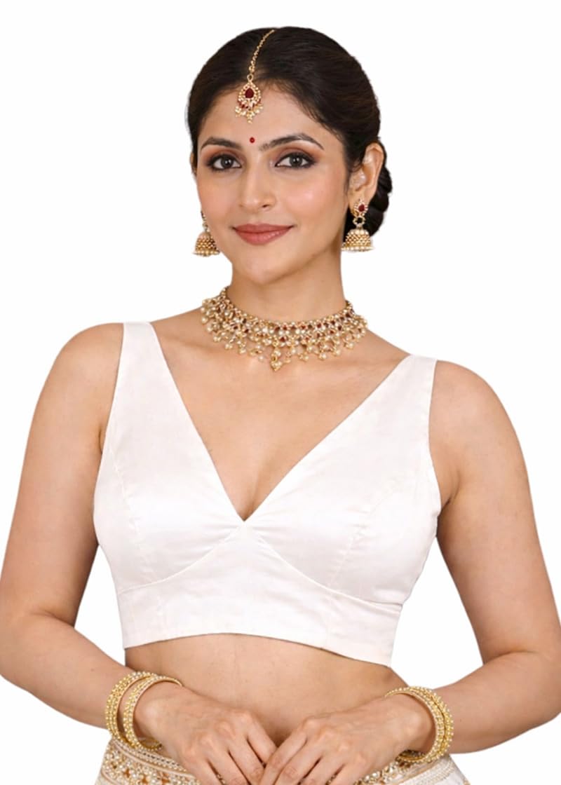 Women's Raw Silk Sleeveless V Neck Readymade Saree Blouse Padded with Cotton Lining Ready to Wear Ethnic Blouse (White, 32)