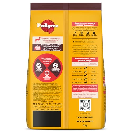 Pedigree Adult Dry Dog Food, Meat & Rice, 3 kg, Contains 37 Essential Nutrients, 100% Complete & Balanced Food for Adult Dogs