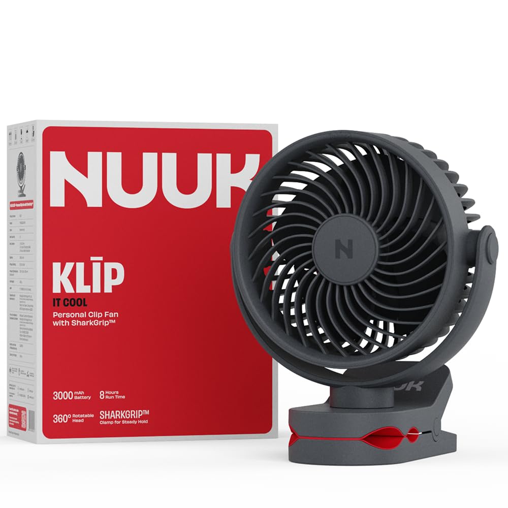 NUUK KLĪP Rechargeable Clip Fan | 3000mAh Battery | Up to 8 hrs Runtime | Super - silent BLDC Motor | 4 Speed Modes | 360° Manual Head Rotation | Strong 0–55mm Clamp | Type-C Charging