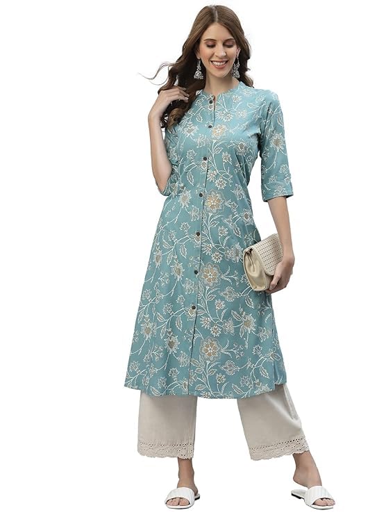 Women's Floral Printed Kurta, 3/4 Sleeve, A-Line Style, Ethnic Wear (in, Alpha, M, Teal Blue)