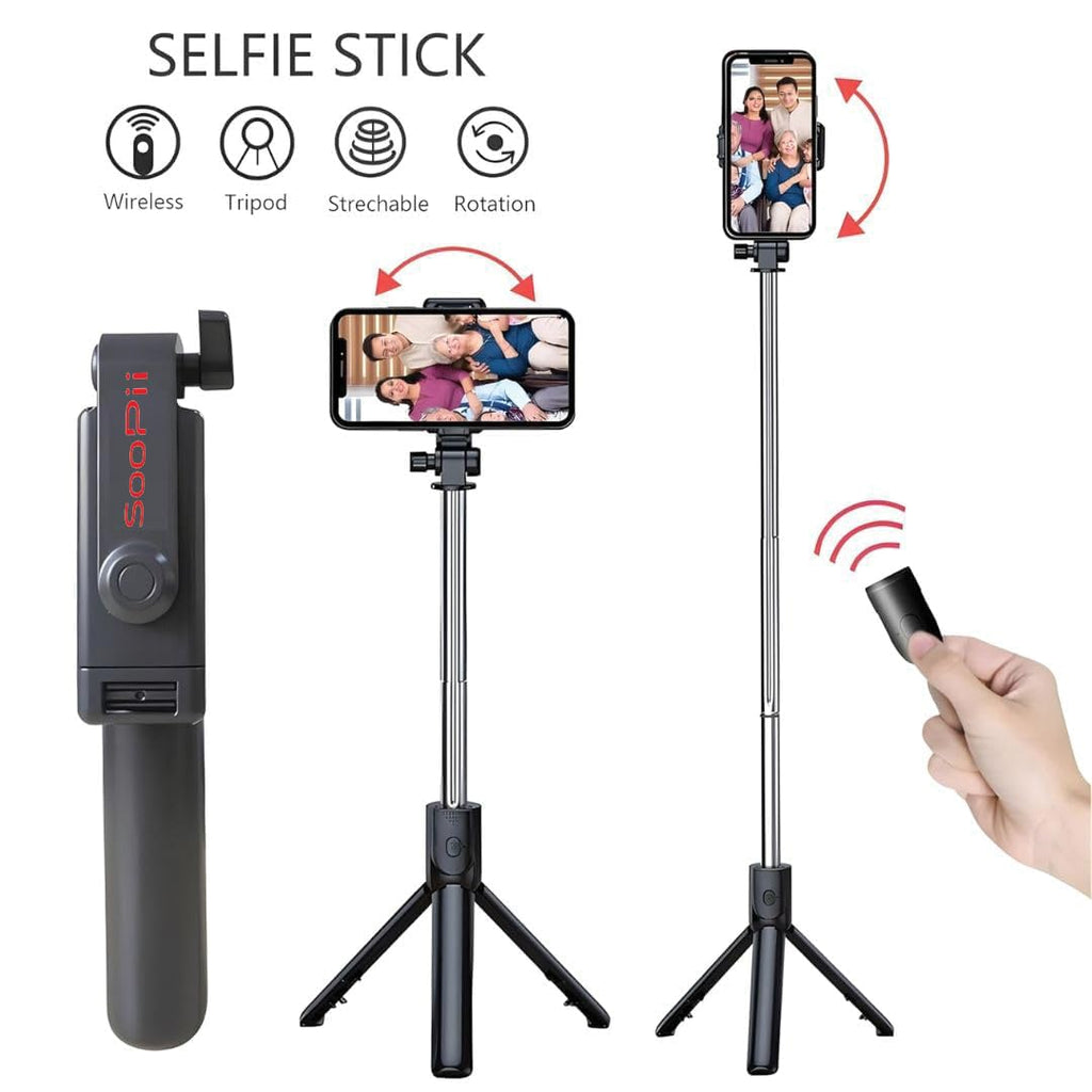 SOOPII 3-in-1 Selfie Stick with Bluetooth Remote, Foldable Tripod Stand, Compact & Extendable Upto 70 cm / 27.5 inches Mobile Stand Holder for iPhone and Android Devices
