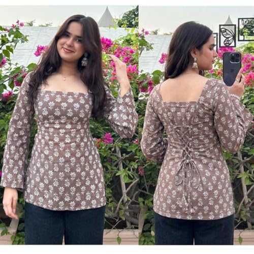 Prajapati fashion Women Rayon Printed Short Kurti | Square Neck | Long Sleeve Design | Casual & Office Wear Top | Comfortable (in, Alpha, M, Regular, Brown)