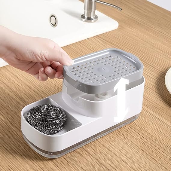 Xmart India 3-in-1 Kitchen Soap Dispenser with Sponge Holder & Hollow Tray Scratch Wire Dish Cloth for Sink & Wash Basin Durable Rustproof Plastic Dish Soap Dispenser Kitchen Accessories for Home