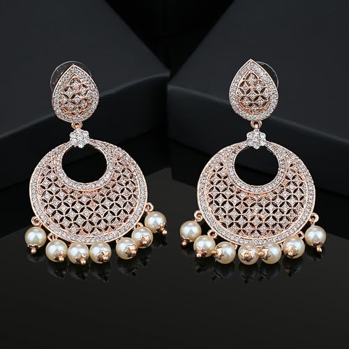 Estele Women's 24K Rose Gold Plated American Diamond Brass Metal Mesh Drop Earring