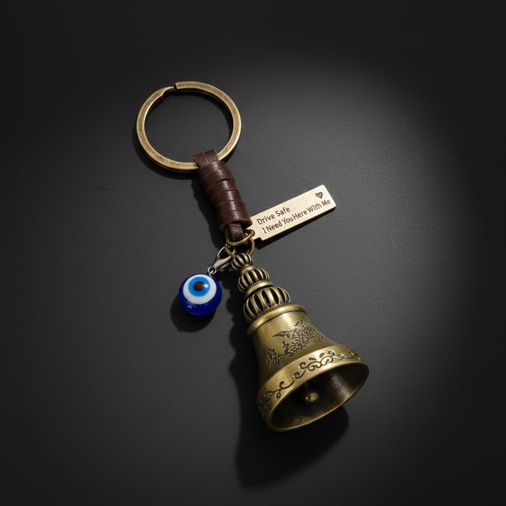 AEROSTARK Guardian Bell For Bike Keychain with Leather Strap & Evil Eye Charm | Drive Safe I Need You Here With Me Tag | Antique Brass Lucky Bell Keyring for Bike Car Scooter | Gift for Men Riders