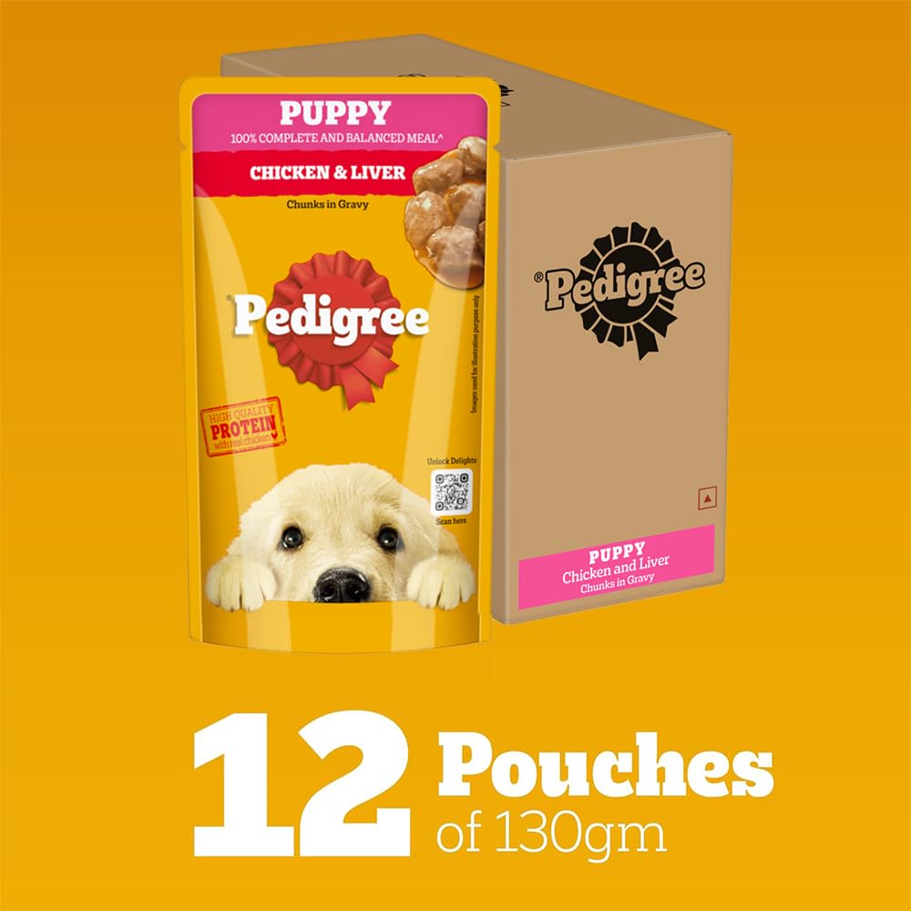 Pedigree Puppy Wet Dog Food, Chicken Chunks in Gravy, 130 g (Pack of 12), Complete & Balanced Meal for Puppies