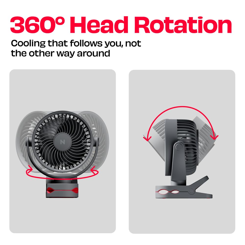 NUUK KLĪP Rechargeable Clip Fan | 3000mAh Battery | Up to 8 hrs Runtime | Super - silent BLDC Motor | 4 Speed Modes | 360° Manual Head Rotation | Strong 0–55mm Clamp | Type-C Charging