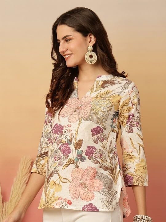 MANHAREE Women's Cotton Floral Printed Tunic Top | Mandarin Collar 3/4 Sleeve Ethnic Short Kurti for Jeans | Casual Summer Wear Floral Top for Women Beige