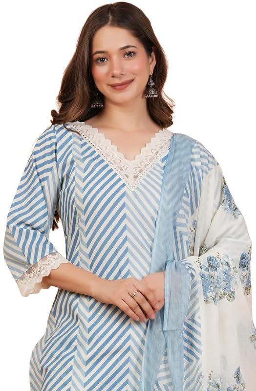 rytras Women's Pure Cotton Printed Straight Kurta Set with Palazzo Pants & Dupatta|Ethnic wear|Kurti Suit Set for Women(TCK724,Blue,XL)
