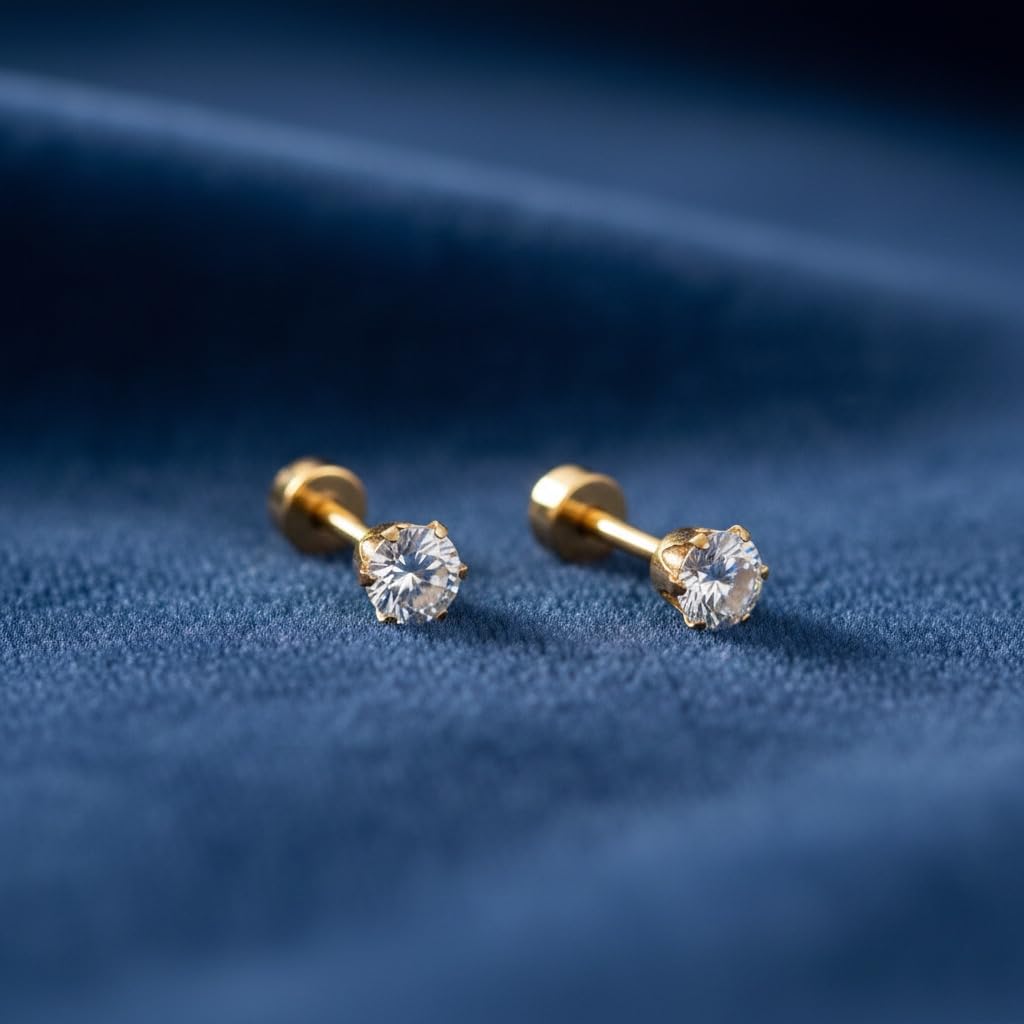 ELARVIA - 4mm Women’s Screw Back Stud Earrings – Gold Stainless Steel CZ Diamond Look Ear Studs for Women & Girls | Hypoallergenic, Everyday, Office , Party & Festive Earings, Durable & Stylish Fashion Jewelry Pair