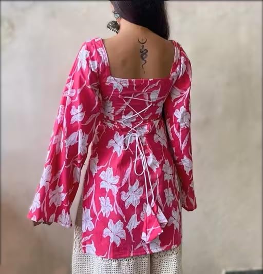 SANGOURI Women Floral Printed Short Kurti | Square Neck | Full Sleeves | Stylish Ethnic Kurta | Back Tie-Up | Casual Wear Kurta (in, Alpha, M, Pink)