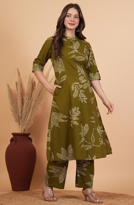 rytras Women's Pure Cotton Printed A-Line Kurta Set with Palazzo Pants|Ethnic wear|Kurta Set for Women(Green,RYT709,XXL)
