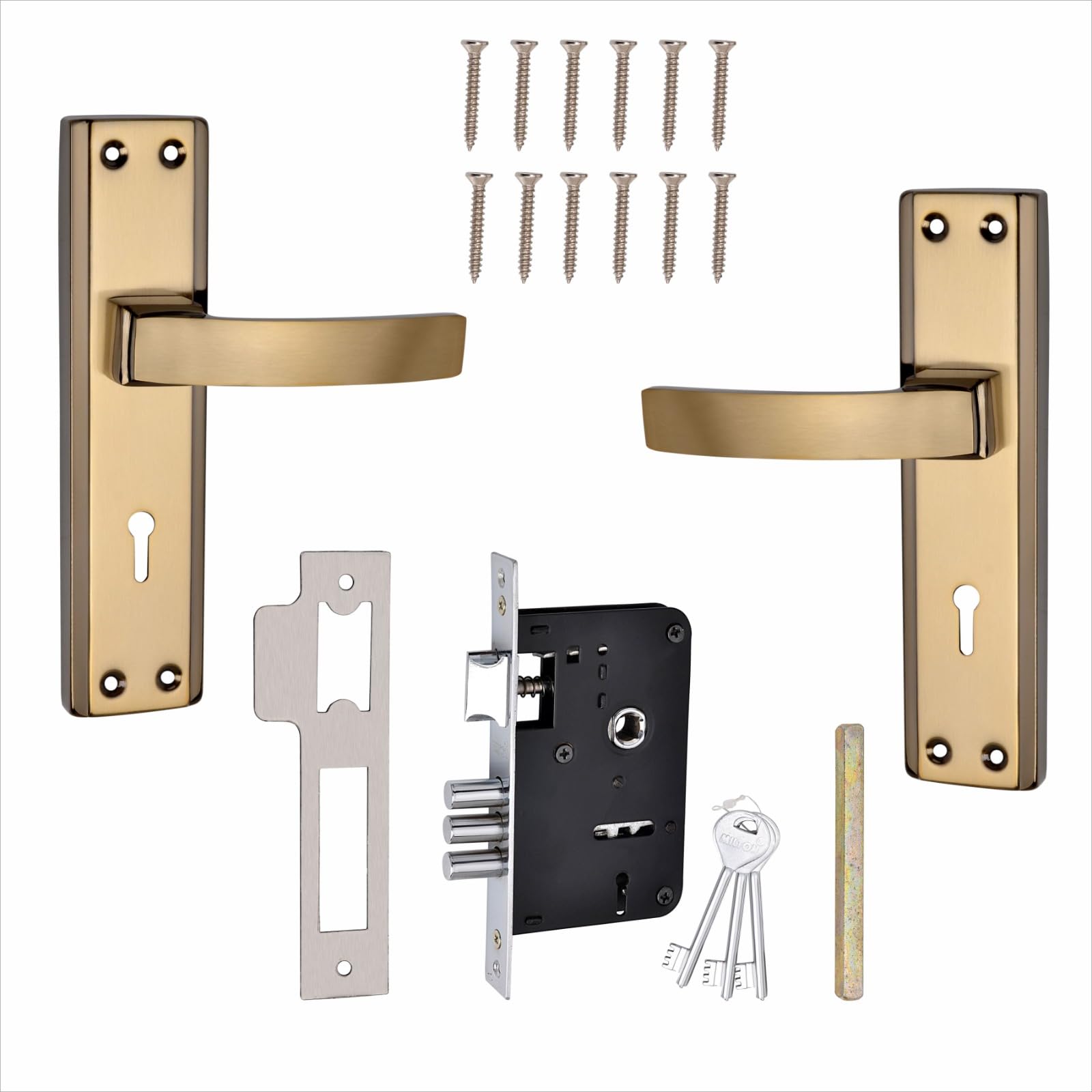 Milton Mortise Lock Set with Door Handle, Black Gold Finish, 7 Inch, Model MHI-RX-03, Complete Set with Keys and Screws