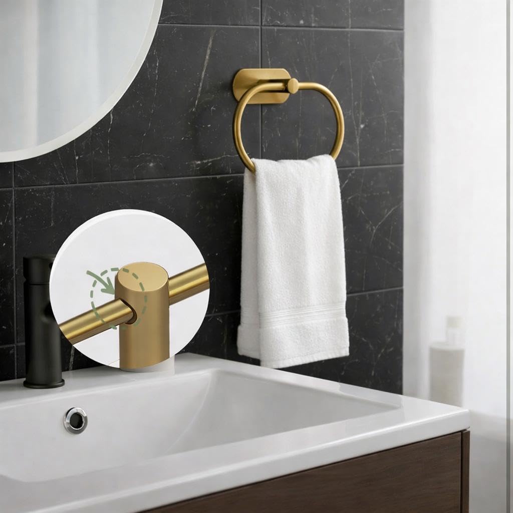 Oslen Magic Sticker Towel Ring Holder for Bathroom – Self Adhesive Wall Mount Hand Towel Hanger Without Drilling, Brushed Antique Brass Gold Finish, Rustproof Stainless Steel (Pack of 1)
