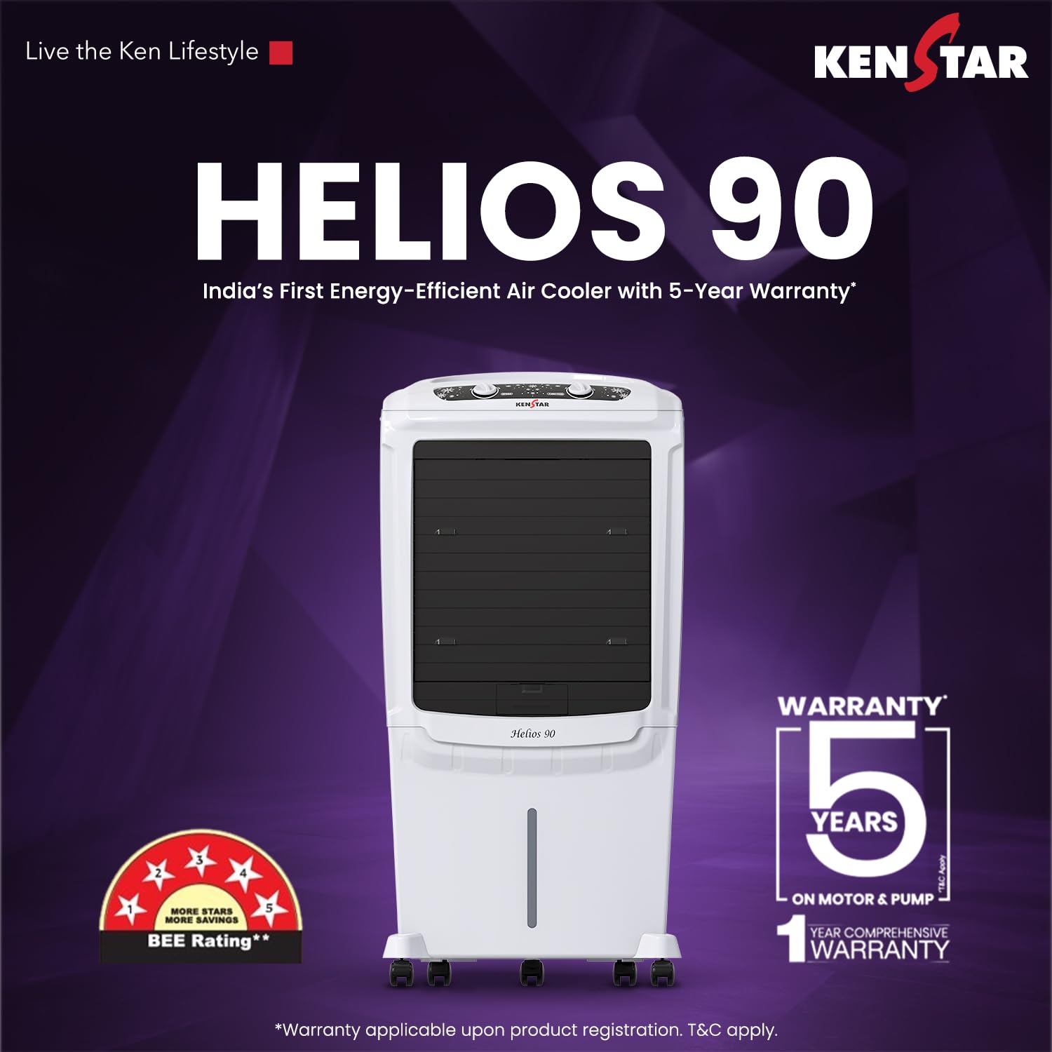 Kenstar Helios HC 90 Desert Air Cooler 90L|5 Star BEE Rated|5 Year Motor & Pump Warranty |50 ft Air Throw I Honeycomb Cooling|3-Speed | Water Level Indicator | Collapsible Louvers I Off White & Black