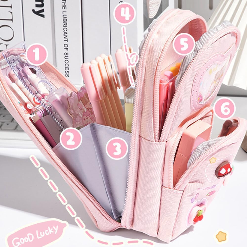 WireScorts® Premium Pencil Case 6 Layer with 3 Compartment Cute Aesthetic Pencil Case for Girls Large Capacity Pencil Pouch Multifunctional Pouch for School Kids, Cute Stationary Gift for Kids - Pink