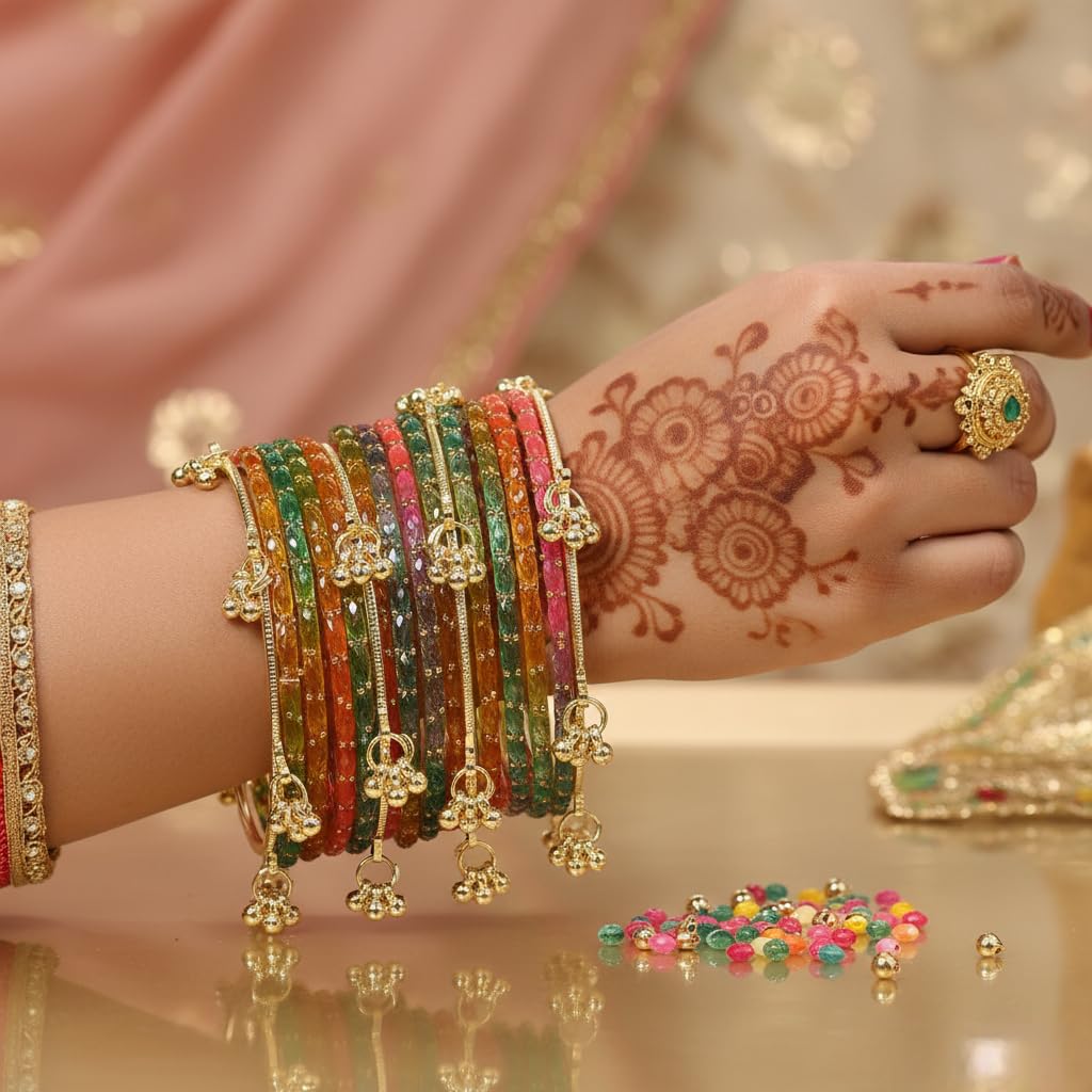 KAYASHA Light multi Kashmiri Ghangharoo Glass Bangle Set for Women| Light Weight Bangles | Traditional Transparent Fancy Glass Chudi Set for Wedding, Party| set of 16