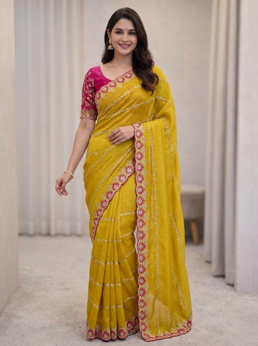ORHANS Women's Georgette Ethnic Motifs Embroidered Georgette Heavy Work Saree | Heavy Work Wedding Saree | Pure Silk Sari | Fashionable Sarees_Yellow