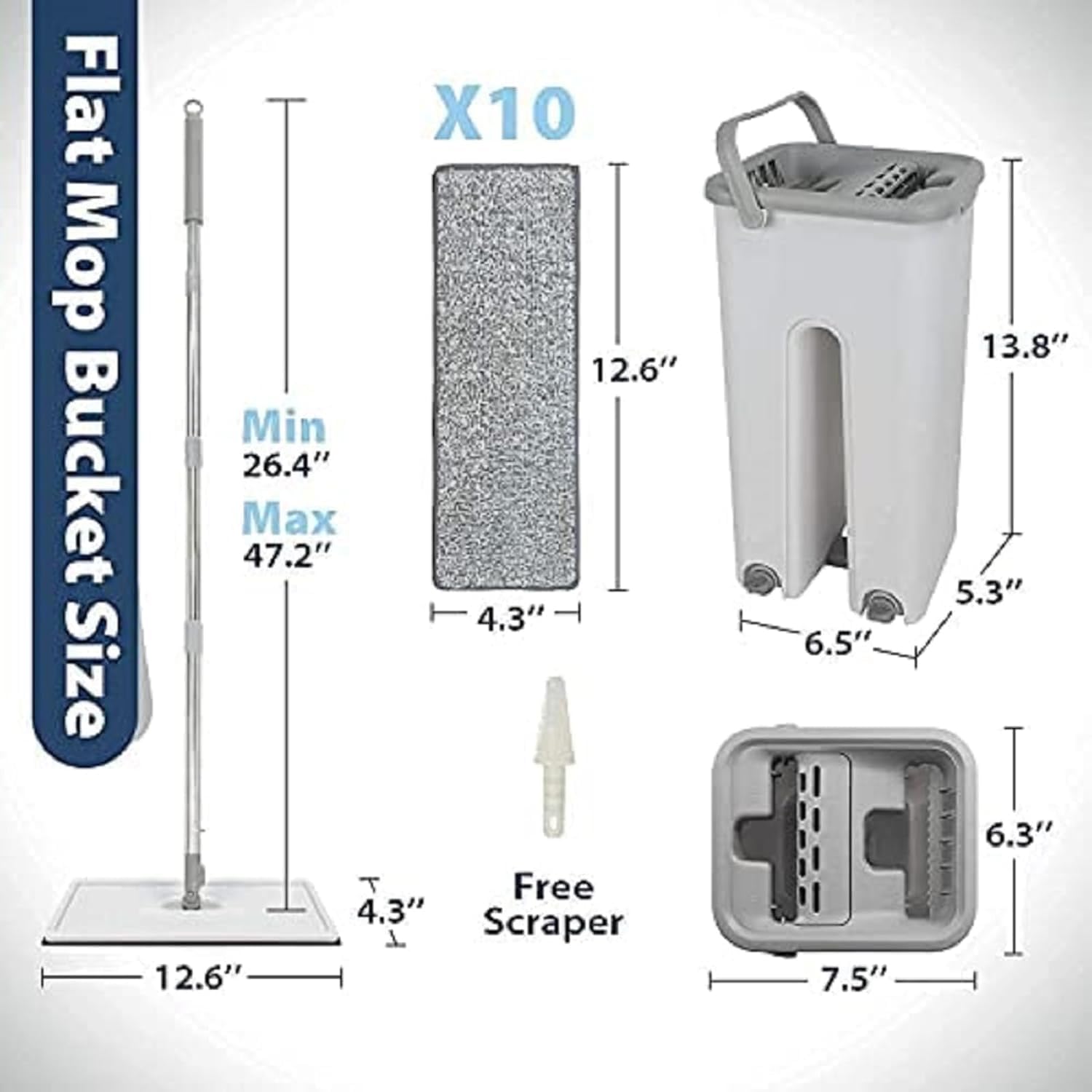 SSS Enterprise Heavy Quality Floor Mop with Bucket, Flexible Kitchen Tap Flat Squeeze Cleaning Supplies, 360° Flexible Quiet, 2 Reusable Pads, Microfiber, Adjustment Office Home Effective