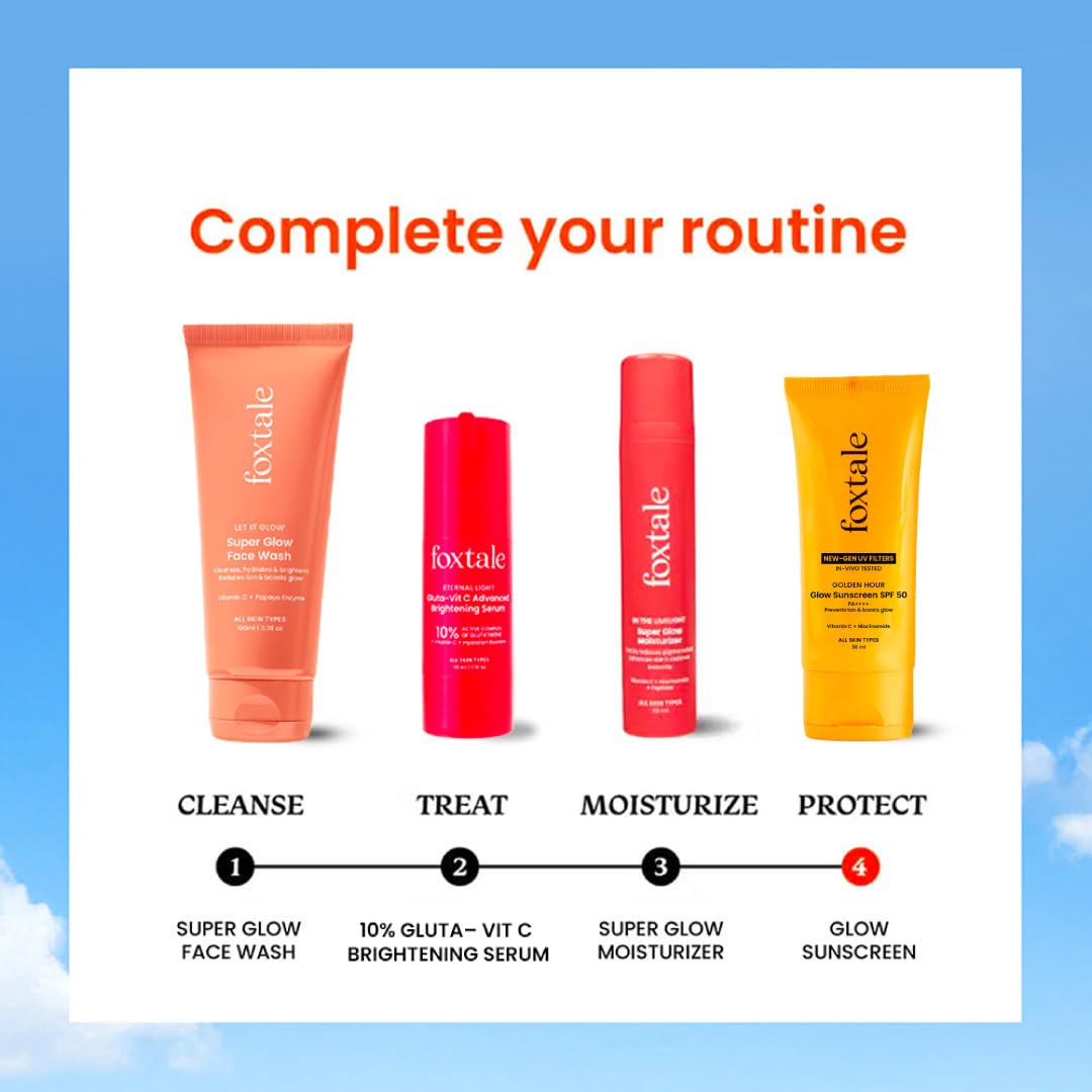 Foxtale Glow Sunscreen SPF 50 PA++++ with Vitamin C & Niacinamide, In-Vivo Tested, Sensitive-Skin Friendly, Made with 100% New-Gen Filters, Lightweight, Non-Greasy, No White Cast |For Men & Women 50ml