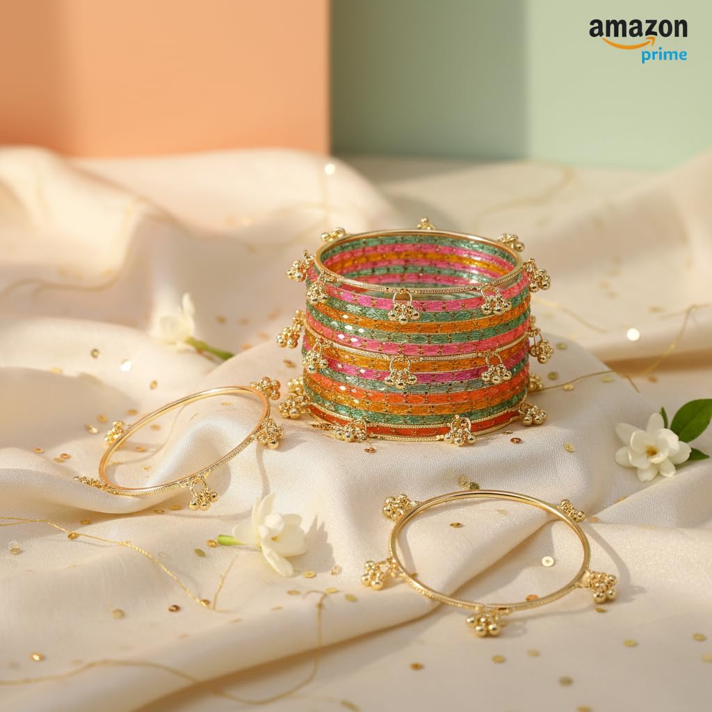 KAYASHA Light multi Kashmiri Ghangharoo Glass Bangle Set for Women| Light Weight Bangles | Traditional Transparent Fancy Glass Chudi Set for Wedding, Party| set of 16