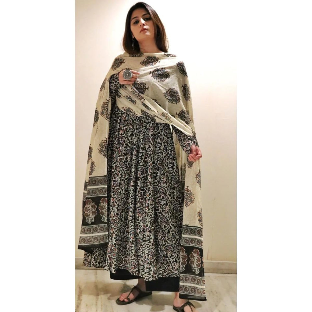 Nermosa Women Printed Anarkali Kurta and Pant Set with Dupatta | Printed Kurta Set | Cotton Suit | Women Kurta Sets | (IN, Alpha, XL, Standard, Black)