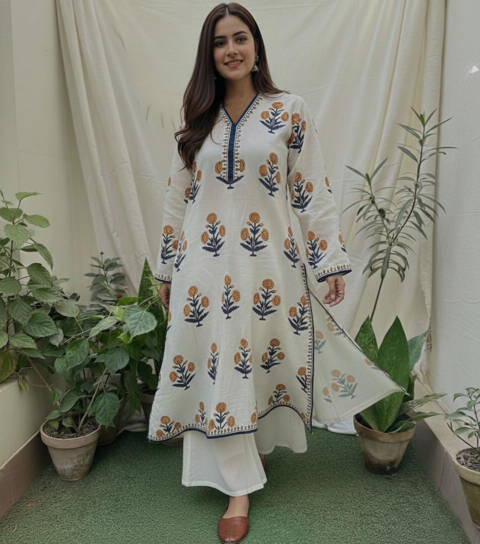 ANNI Designer Women's Viscose Blend Straight Printed Kurta with Palazzo (Nawal White_M_White_Medium)