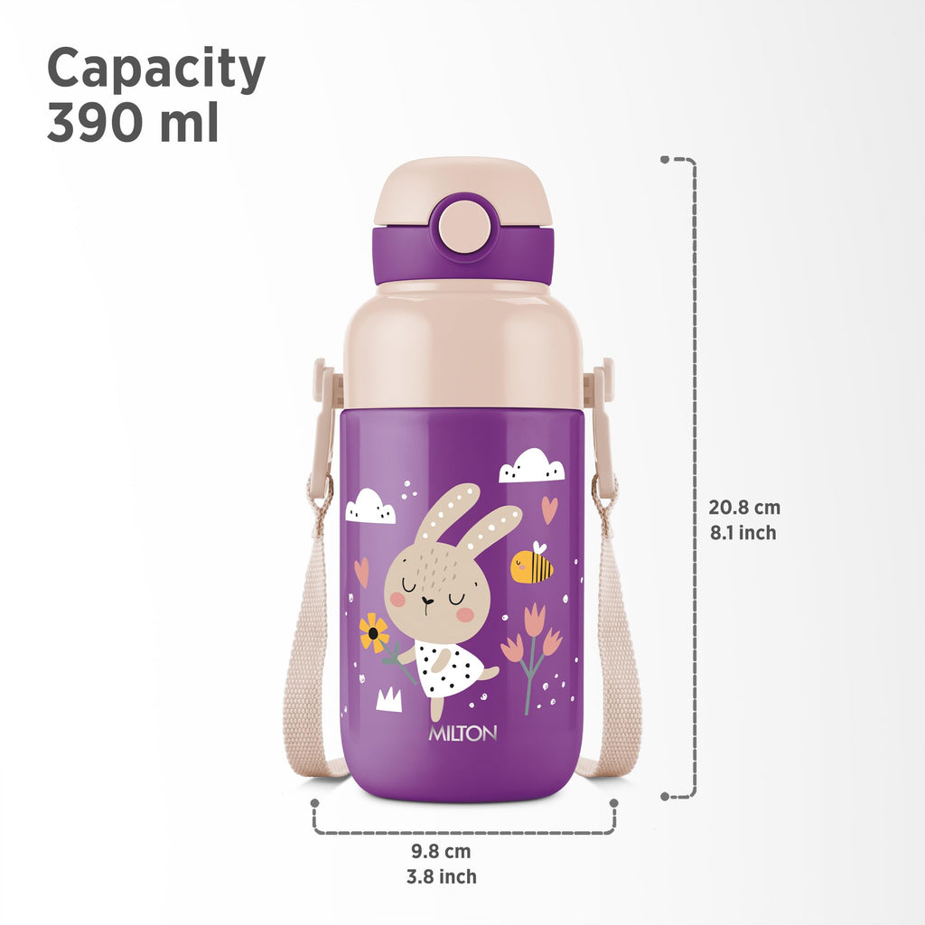 Milton Steel Indus 400 Thermoware PU Insulated, 390 ml Water Bottle with Straw for Kids, Leak Proof Flip Top Sipper Lid Bottle, School, Picnic, Easy to Carry Belt, Purple