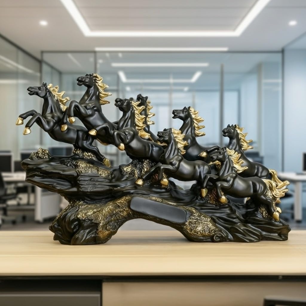 UAG Exports 7 Running Horses Resin Statue Feng Shui & Vastu Lucky Decor for Home, Office, Living Room, Shelf | Symbol of Wealth & Success | Housewarming, Birthday Gift (Black-Matt, Wave Base)