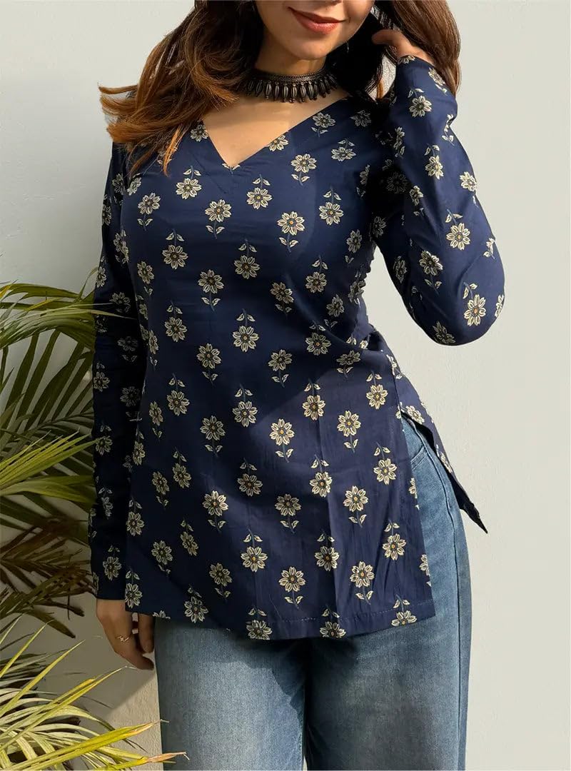 ANNI Designer Women's Viscose Blend Printed Short Kurti (Chandran Blue_M_Blue_Medium)