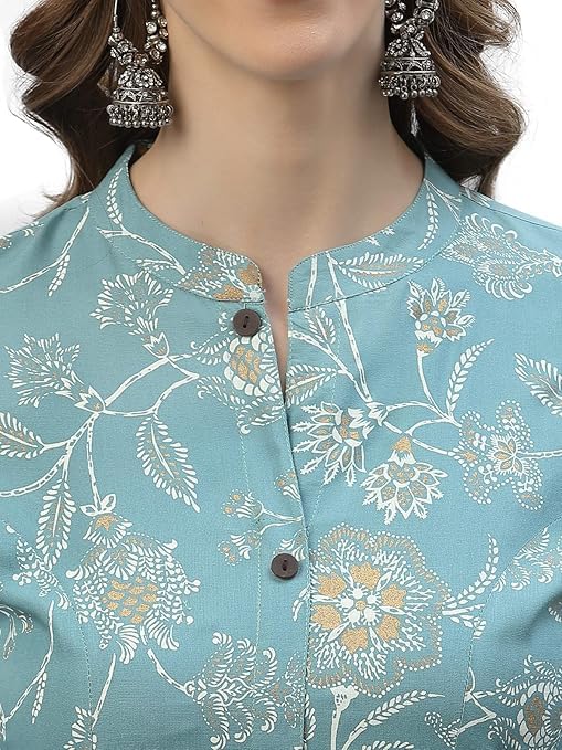 Women's Floral Printed Kurta, 3/4 Sleeve, A-Line Style, Ethnic Wear (in, Alpha, M, Teal Blue)