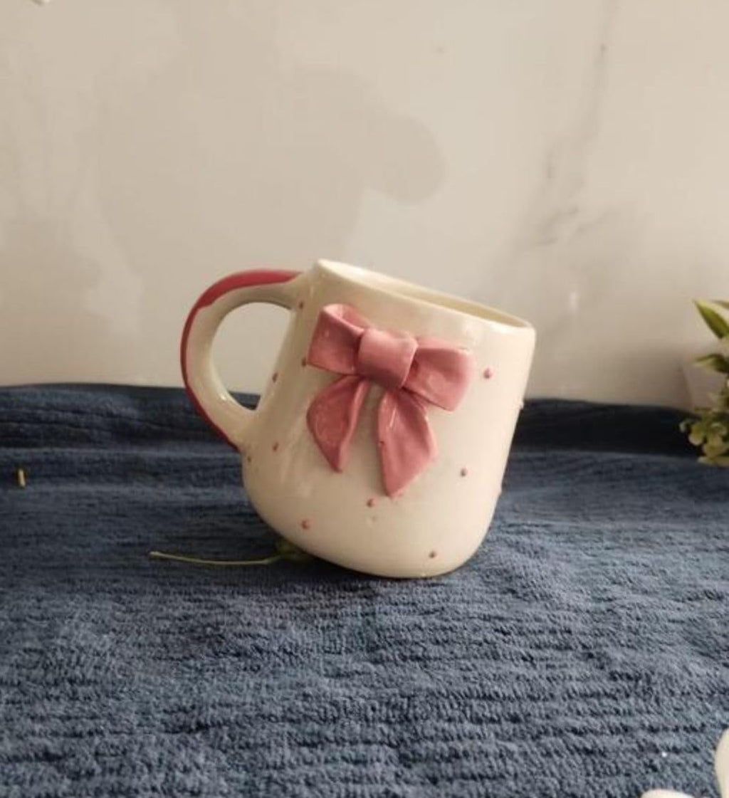 THE INDIAN HOME Cute Pink Bow Ceramic Mug for Coffee Tea Milk | 3D Bow Design Gift Mug for Girls Women Kids | Premium Glazed Polka Dot Finish (1)