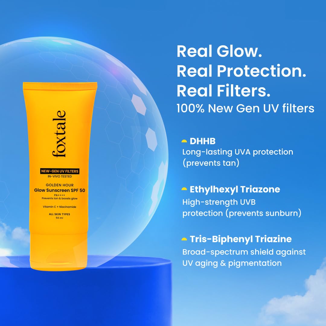 Foxtale Glow Sunscreen SPF 50 PA++++ with Vitamin C & Niacinamide, In-Vivo Tested, Sensitive-Skin Friendly, Made with 100% New-Gen Filters, Lightweight, Non-Greasy, No White Cast |For Men & Women 50ml