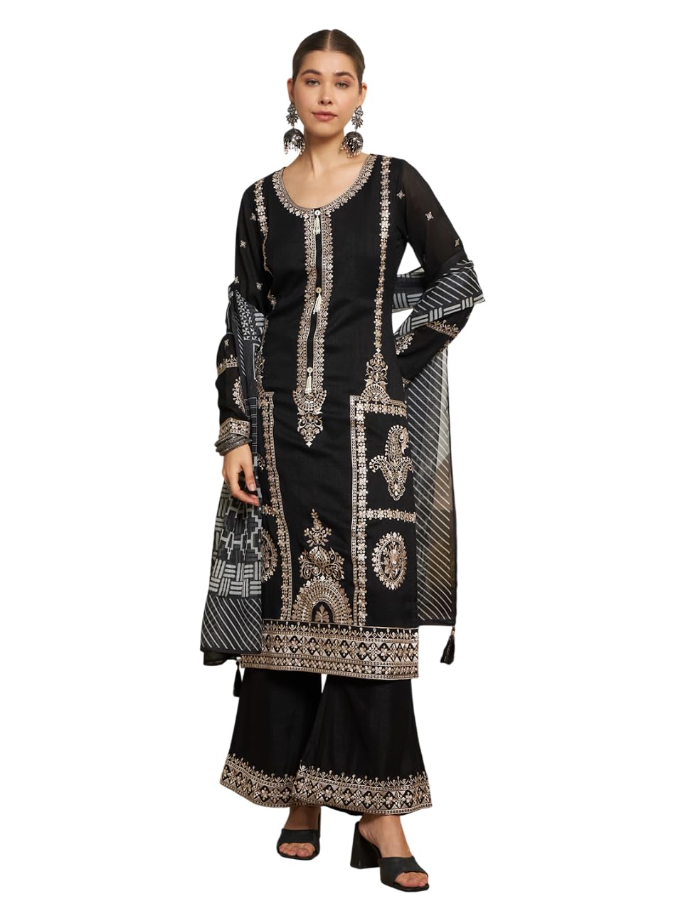 SHOPPING QUEEN Women's Silk Embroidered Kurta Set with Dupatta (A700_Black_M)