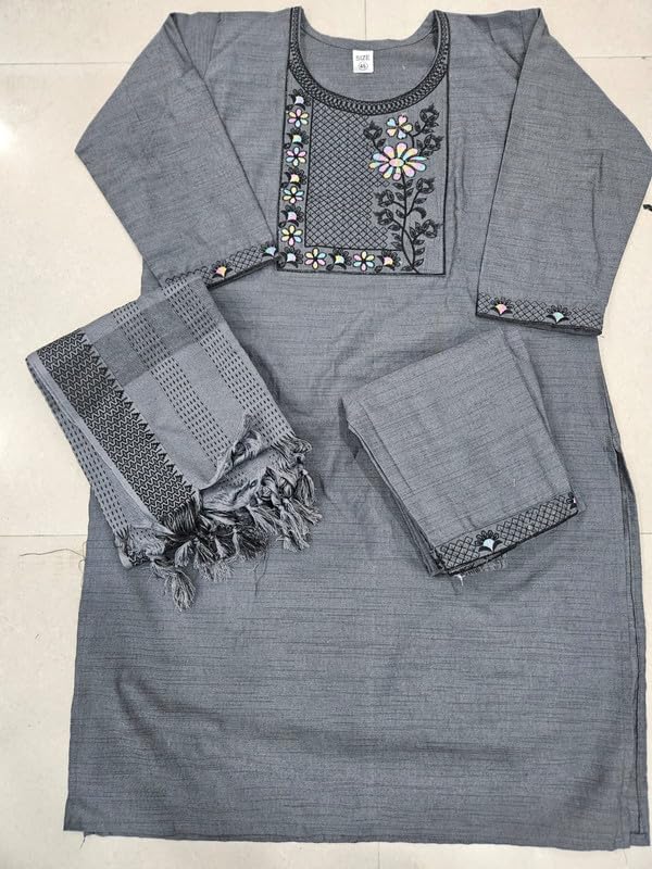 Women's South Cotton Embroidery Work Kurta with Pant & Dupatta GREY GREY_2XL