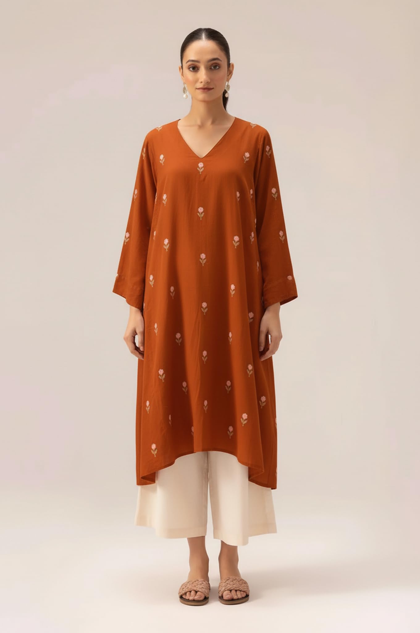 ANNI Designer Women's Rayon Viscose A-Line Printed Kurta with Palazzo (QUSHI Rust_M_Rust_Medium)