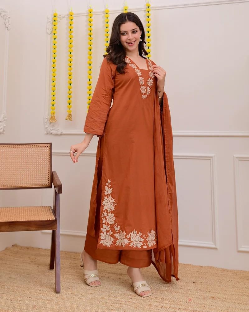 ANNI DESIGNER Women's Rayon Viscose Straight Embroidery Kurta with Pant & Dupatta (FULKUMARI RUST_XL_RUST_X-Large)