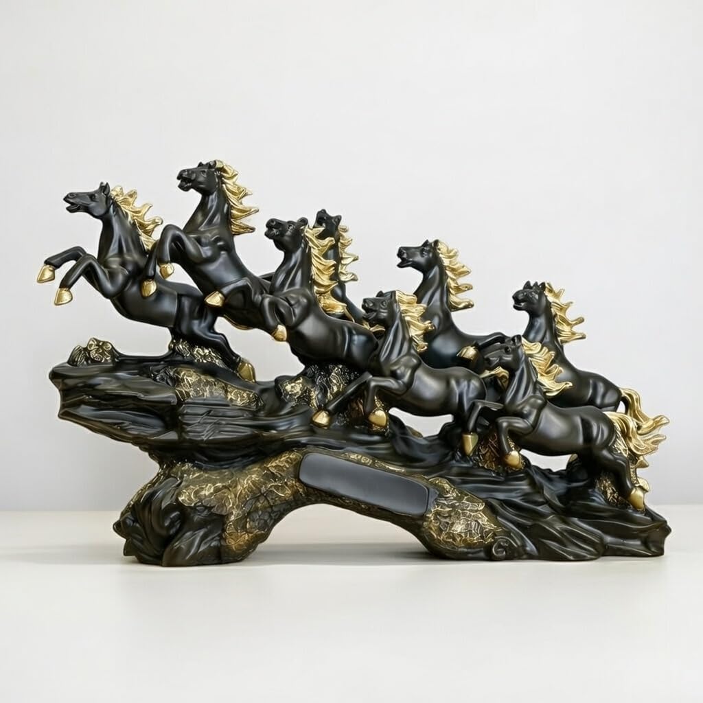 UAG Exports 7 Running Horses Resin Statue Feng Shui & Vastu Lucky Decor for Home, Office, Living Room, Shelf | Symbol of Wealth & Success | Housewarming, Birthday Gift (Black-Matt, Wave Base)