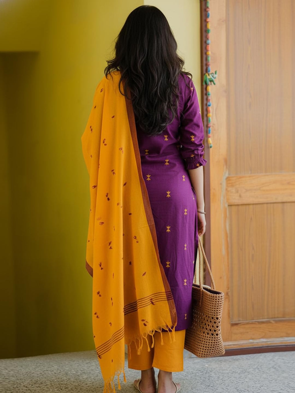 GoSriKi Women's Viscose Foal Work Straight Kurta with Pant & Dupatta (Vaidhik Magenta-GS_L_Magenta_Large)