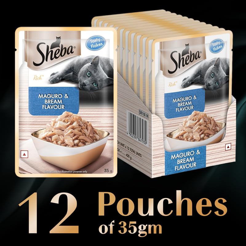 Sheba Rich Premium Adult (1+ Years) Wet Cat Food, Maguro & Bream Flavour, 35 g Pouch (Pack of 12), High-moisture wet food for healthy hydration