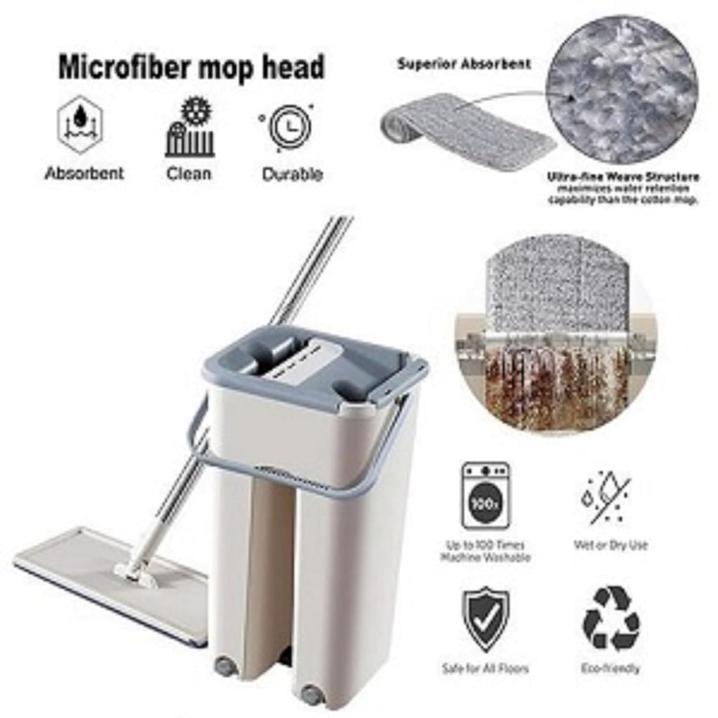 SSS Enterprise Heavy Quality Floor Mop with Bucket, Flexible Kitchen Tap Flat Squeeze Cleaning Supplies, 360° Flexible Quiet, 2 Reusable Pads, Microfiber, Adjustment Office Home Effective