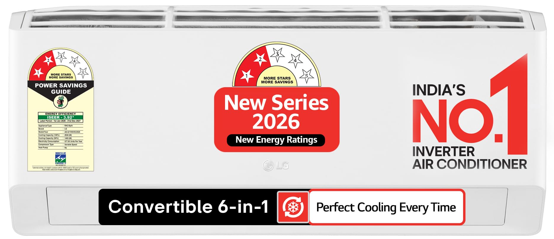 LG Essential Series, 0.8 Ton 2 Star,New star rated, Smart Inverter Split AC (Copper, Convertible 6-in-1 Cooling, Faster Cooling & Energy Saving, HD Filter with AntiVirus Protection, AS-Q11KNVE, White)