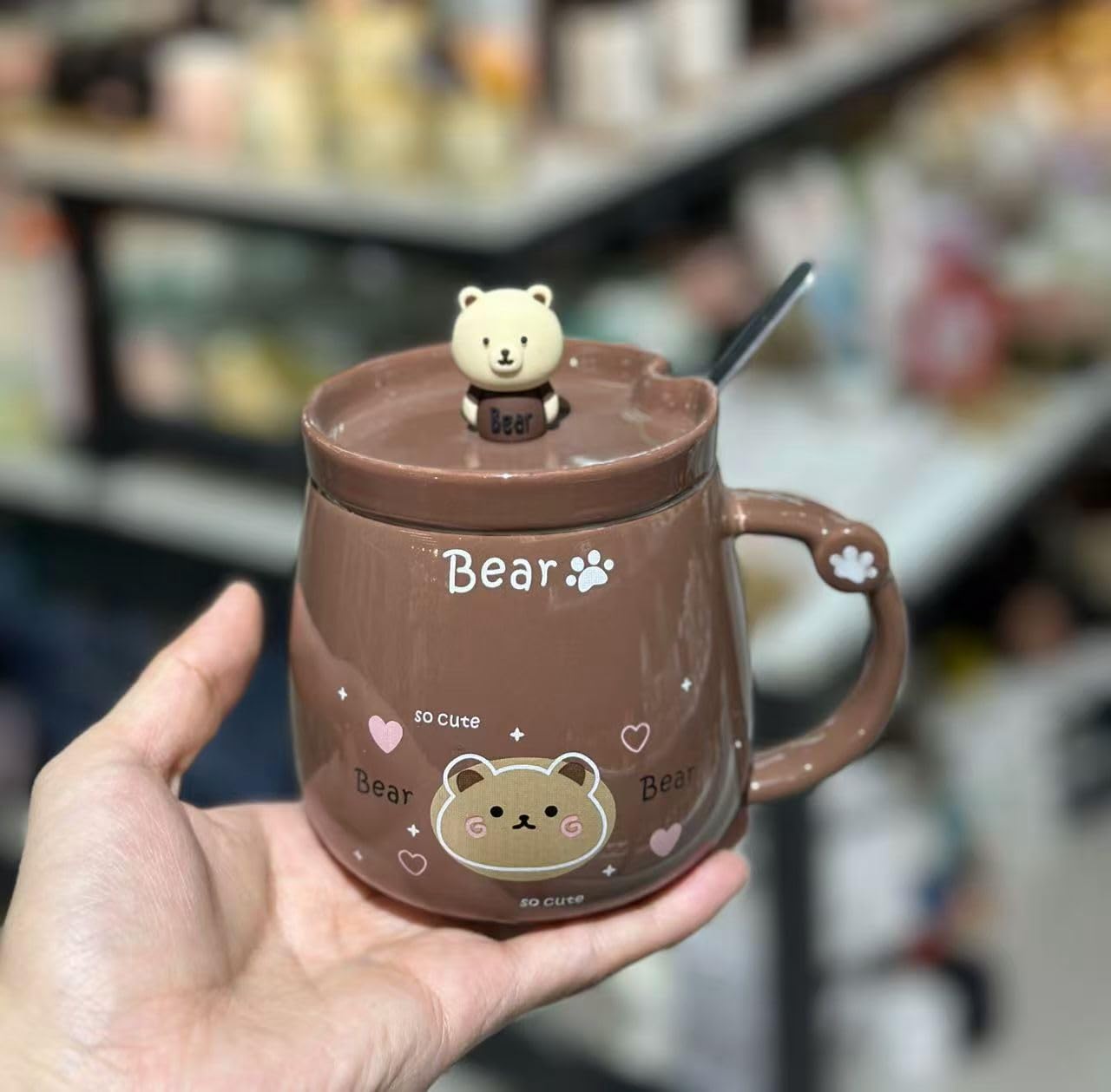 Vasukie Bear Coffee Mug with Lid & Steel Spoon, Mugs for Coffee, Rakhi for Brother, Birthday Gift, Gifts for Woman, Ceramic Mug, 3D Bear Coffee Mug (Bear Mug)
