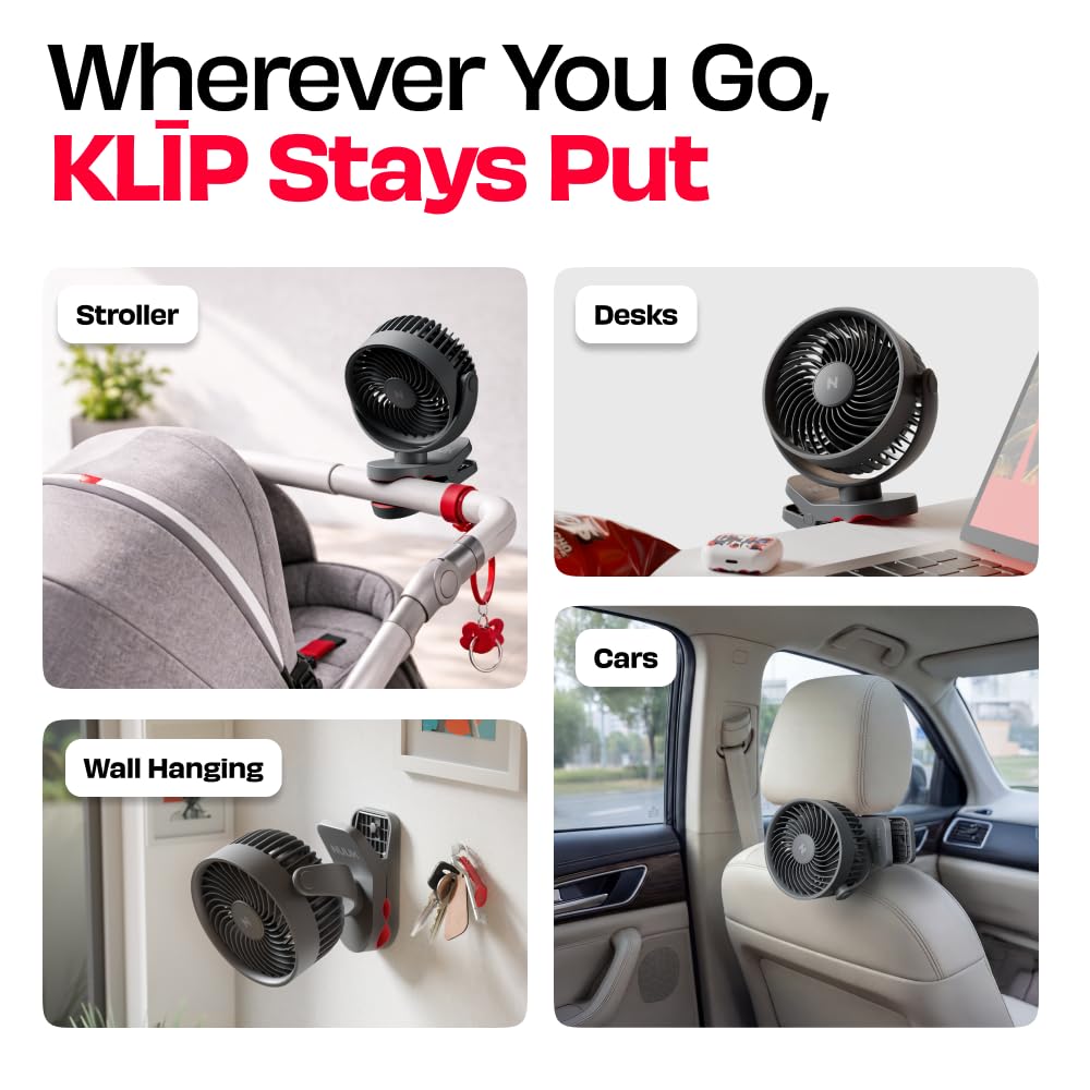 NUUK KLĪP Rechargeable Clip Fan | 3000mAh Battery | Up to 8 hrs Runtime | Super - silent BLDC Motor | 4 Speed Modes | 360° Manual Head Rotation | Strong 0–55mm Clamp | Type-C Charging
