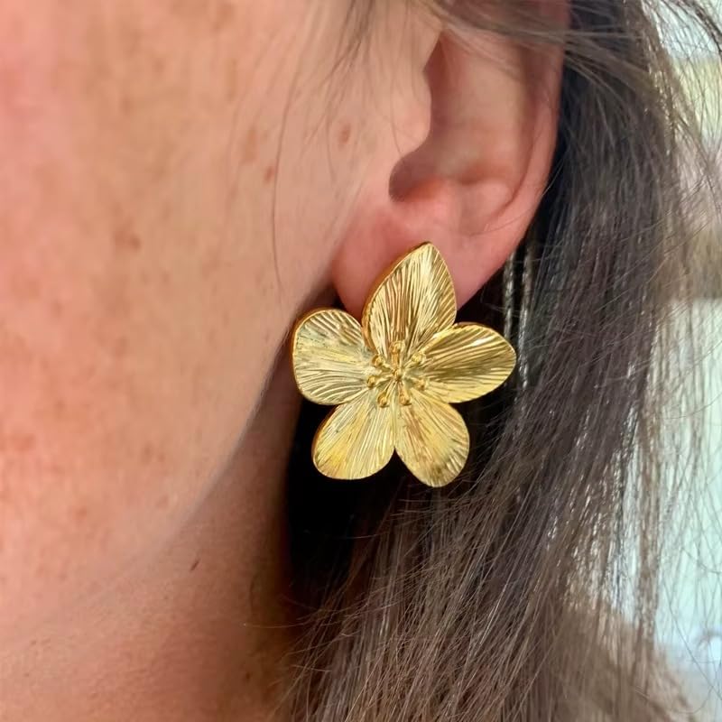 Artifi Gold Flower Stud Earrings, Five Petal Textured Design, 18k Gold Plated Alloy, Statement Jewelry for Women