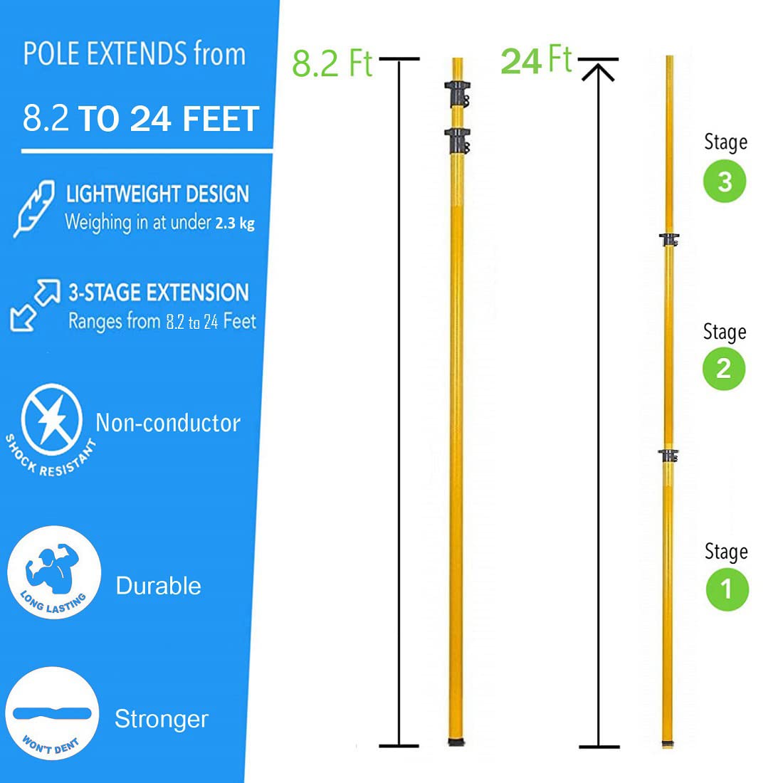 FESTEL Skytuch Shock Proof Multipurpose 8-to-24 Foot Extendable Telescopic Pole with (2 Attachments) Coconut Plucker, Mango Fruit Picker